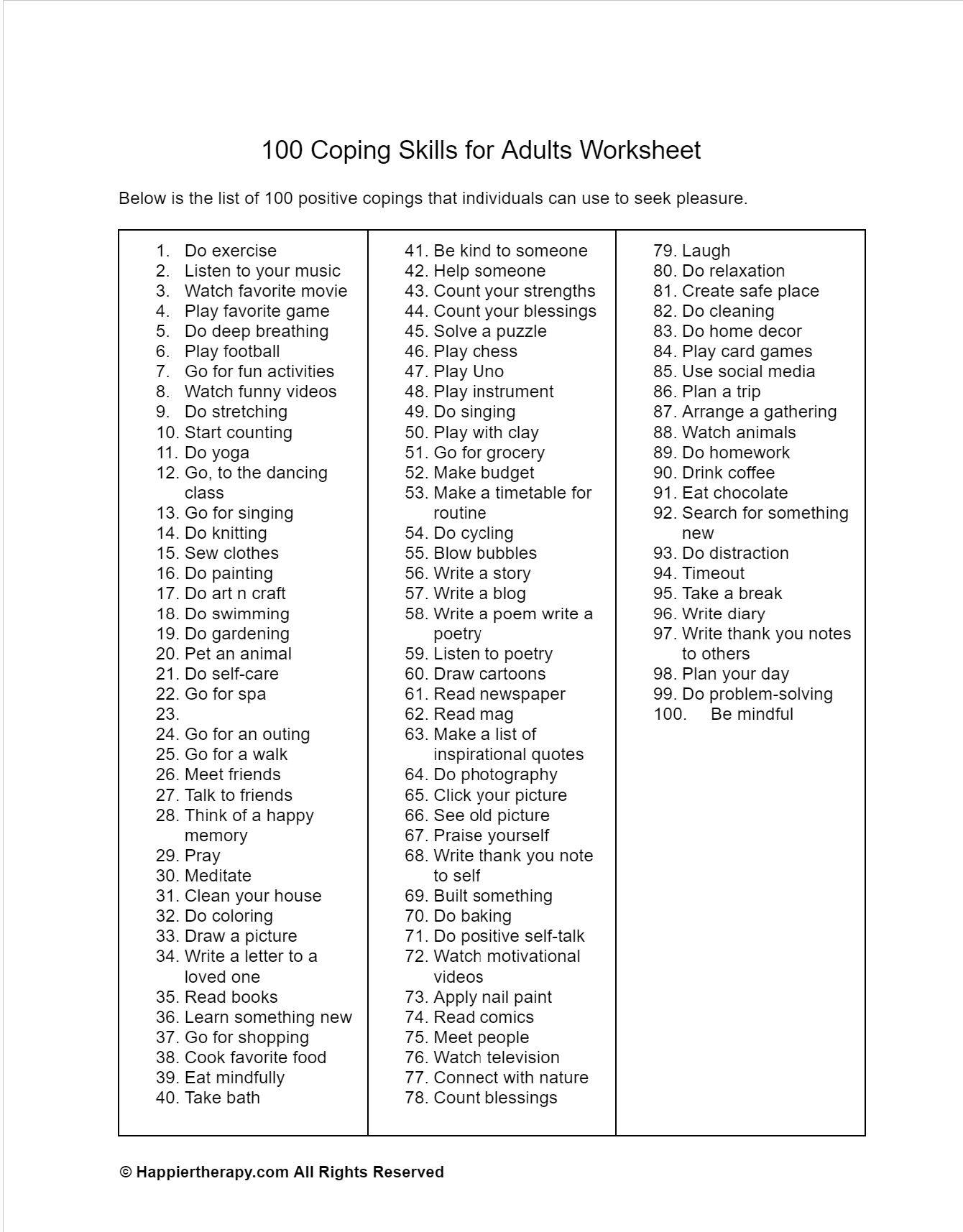 free printable coping skills worksheets for adults