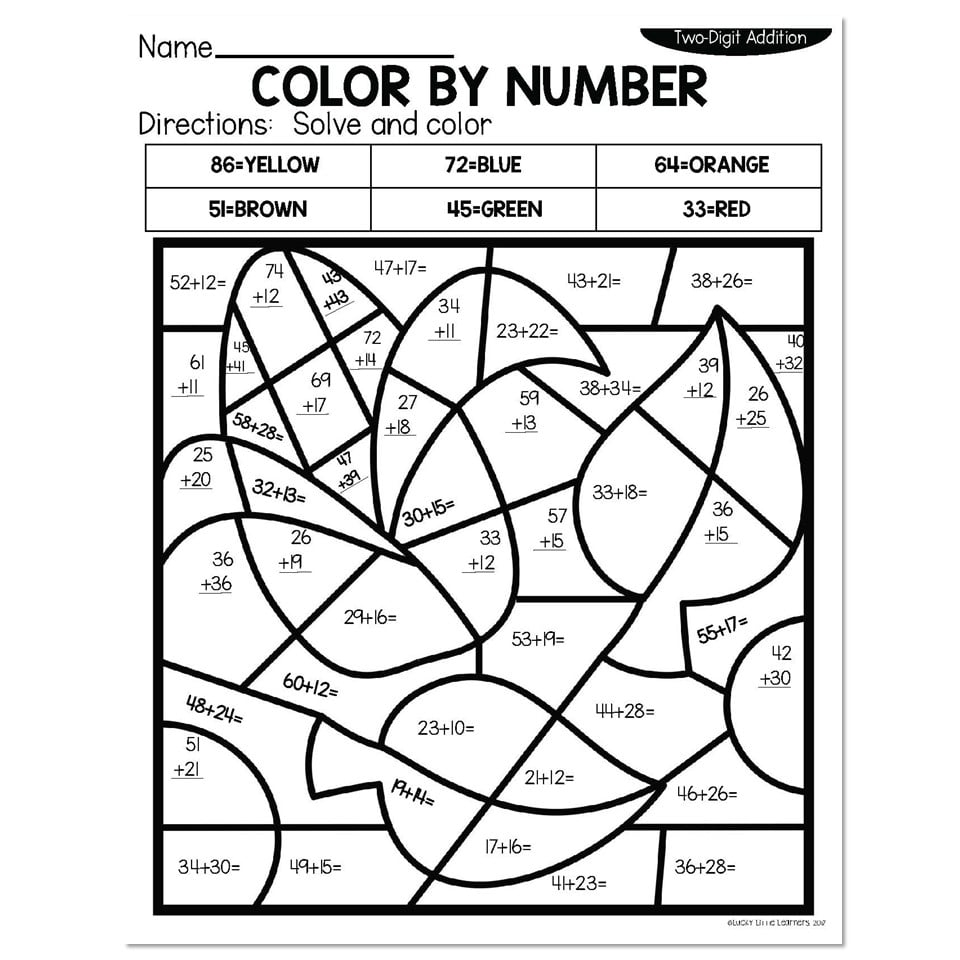 2 digit addition free printable coloring worksheet