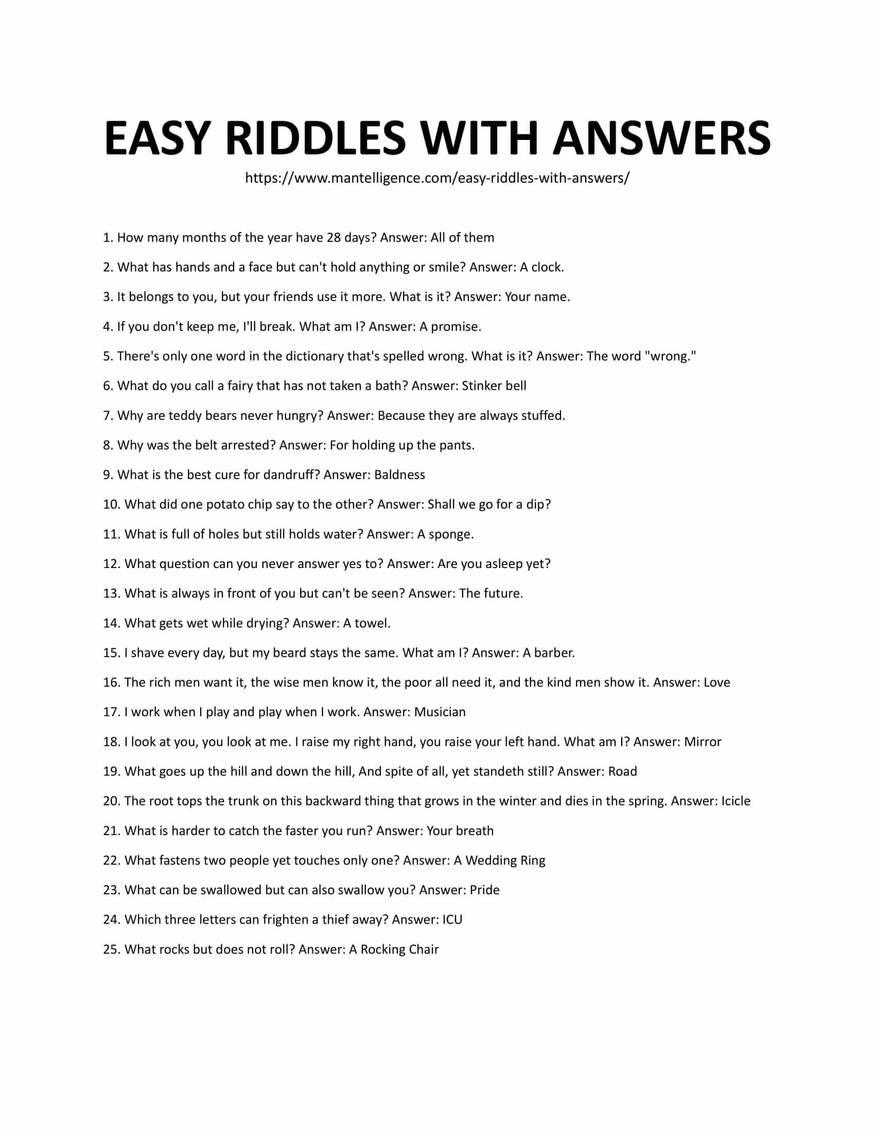 29 Easy Riddles With Answers See A Really Fun List Of Questions Worksheets Library