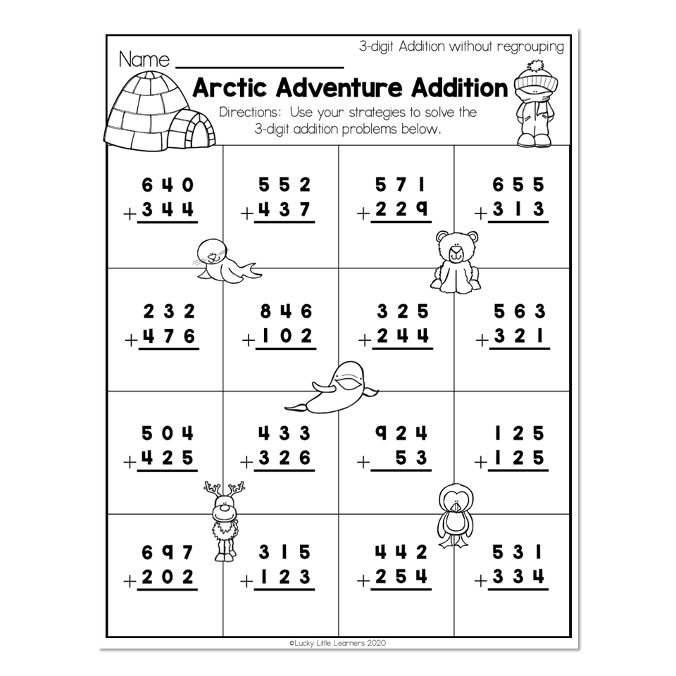 2nd Grade Math Worksheets 3 Digit Addition Without Regrouping Arctic Adventure Addition Lucky Little Learners 2nd Grade Math Worksheets 3 Digit Addition Without Regrouping Arctic Adventure Addition Lucky Little Learners