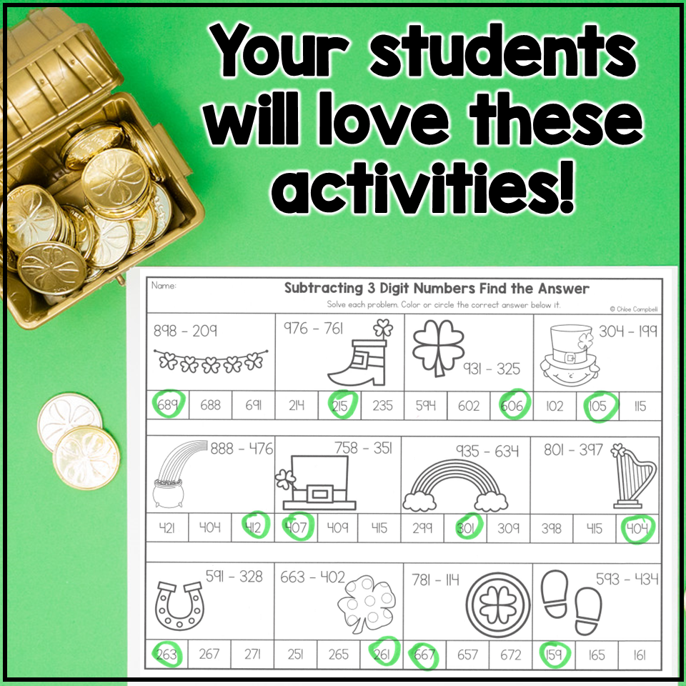 3 Digit Subtraction With Regrouping St Patrick s Day Color By Number Worksheets