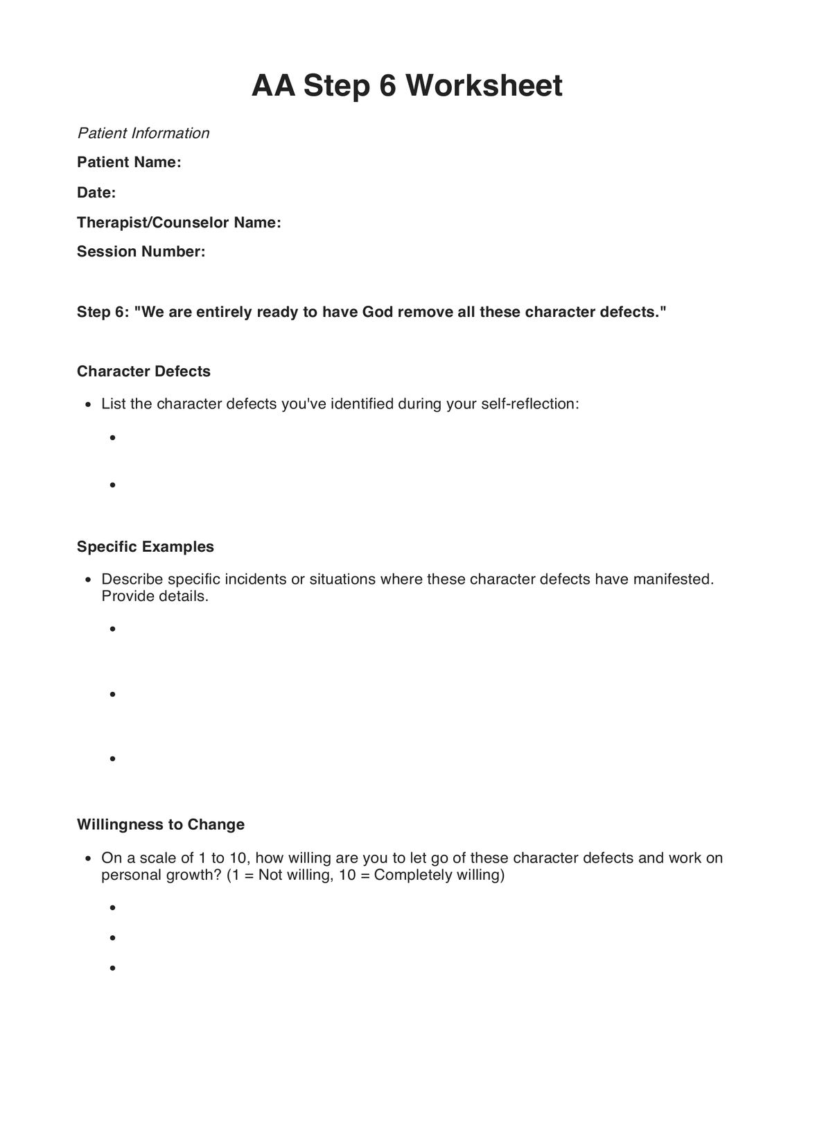 AA Step 6 Worksheets Example Free PDF Download
