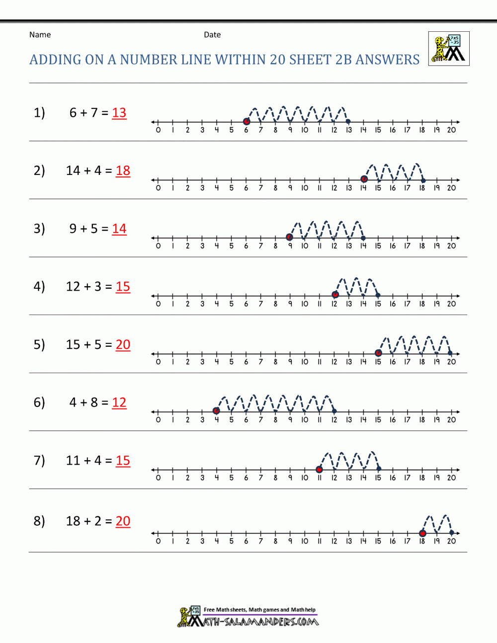 free printable number line addition worksheets