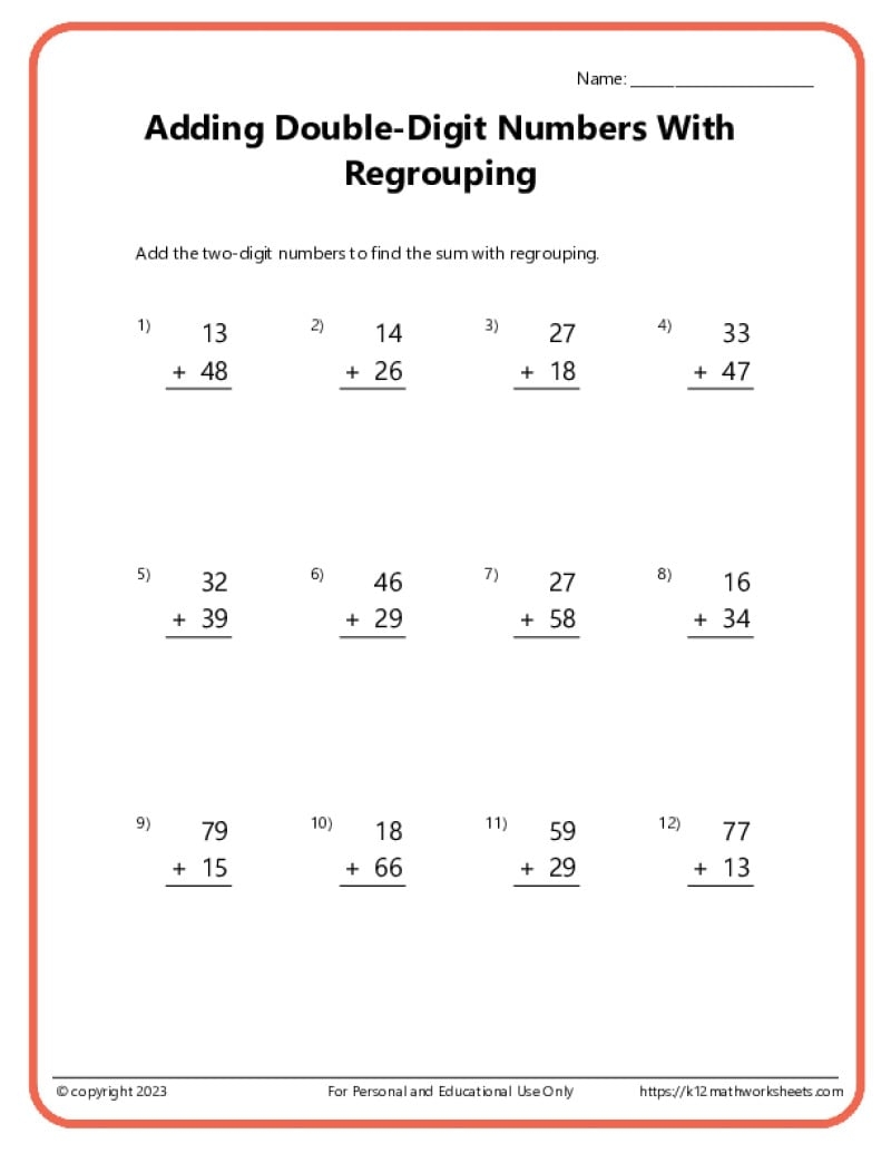 Double Digit Addition With Regrouping Worksheets Double Digit Addition With Regrouping Worksheets