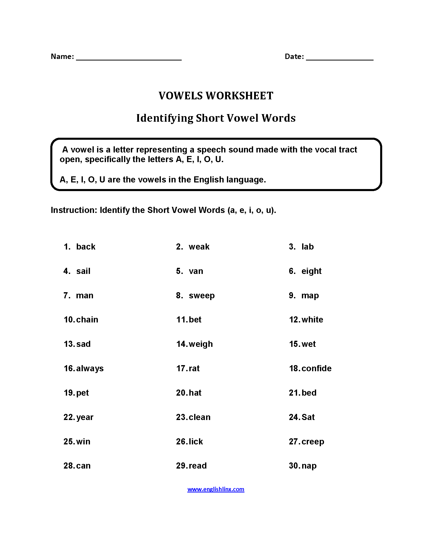 Englishlinx Vowels Worksheets