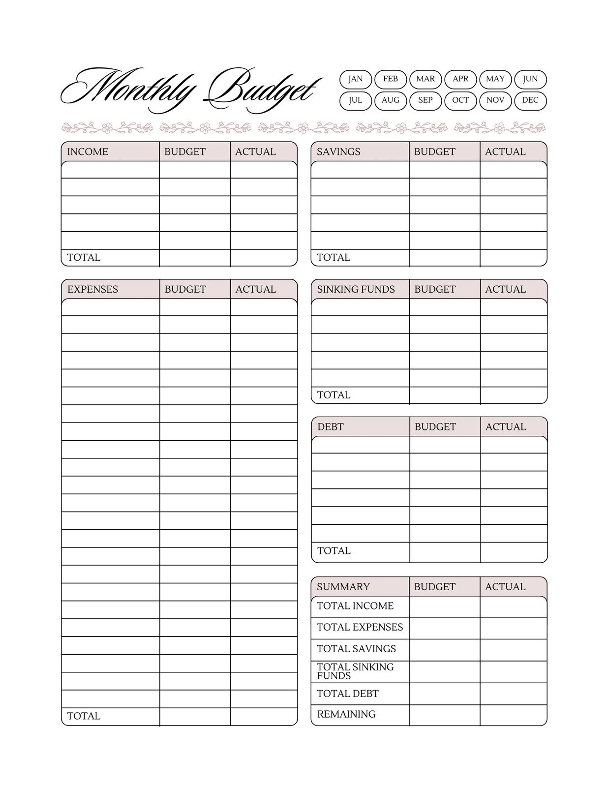 budget worksheet printable