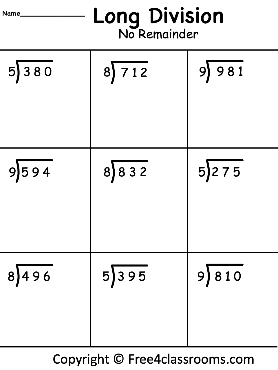 Free Long Division Worksheet 3 Digits By 1 No Remainder Free Worksheets Free4Classrooms