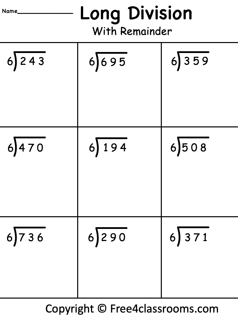 Free Long Division Worksheet 3 Digits By 1 With Remainder Free Worksheets Free4Classrooms