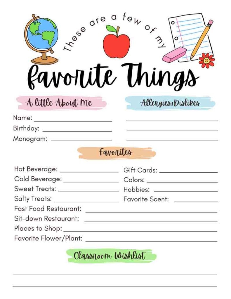 FREE Printable Teacher Favorite Things MindyMakes