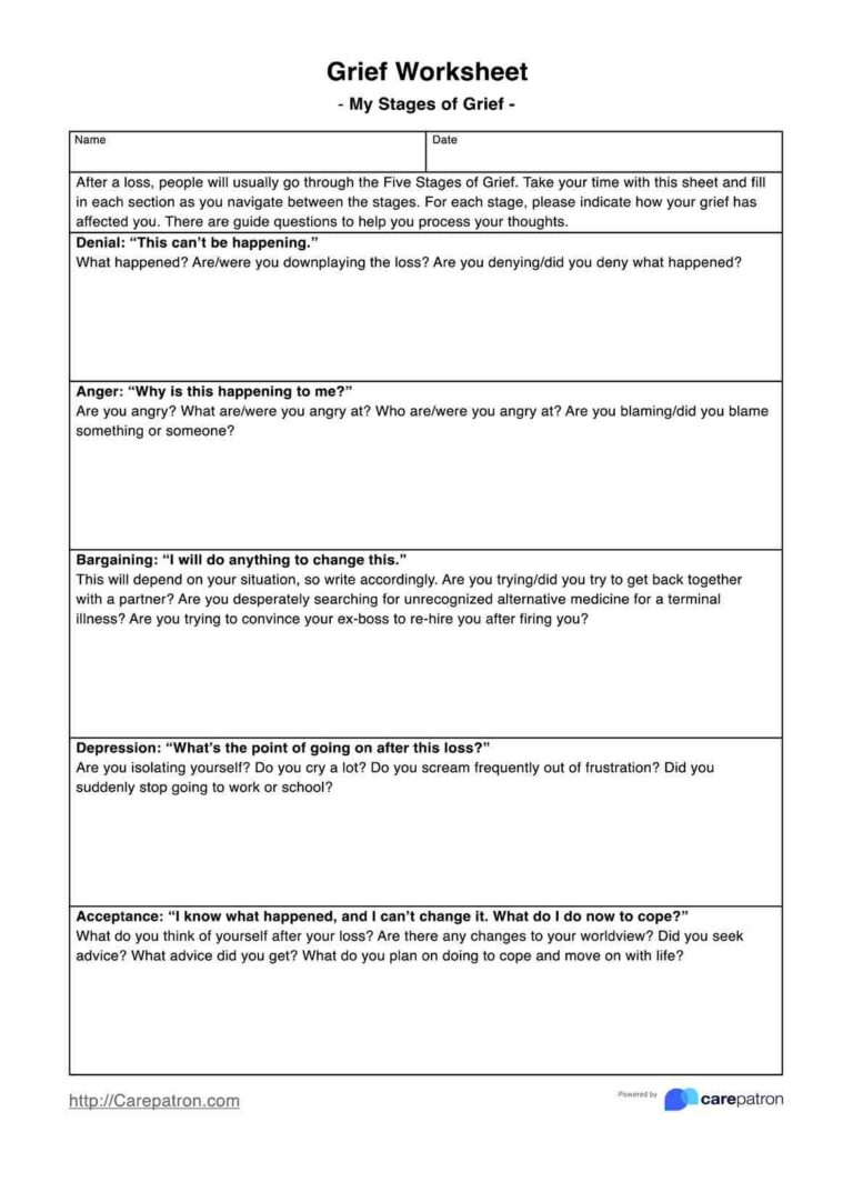 Grief Worksheets Example Free PDF Download