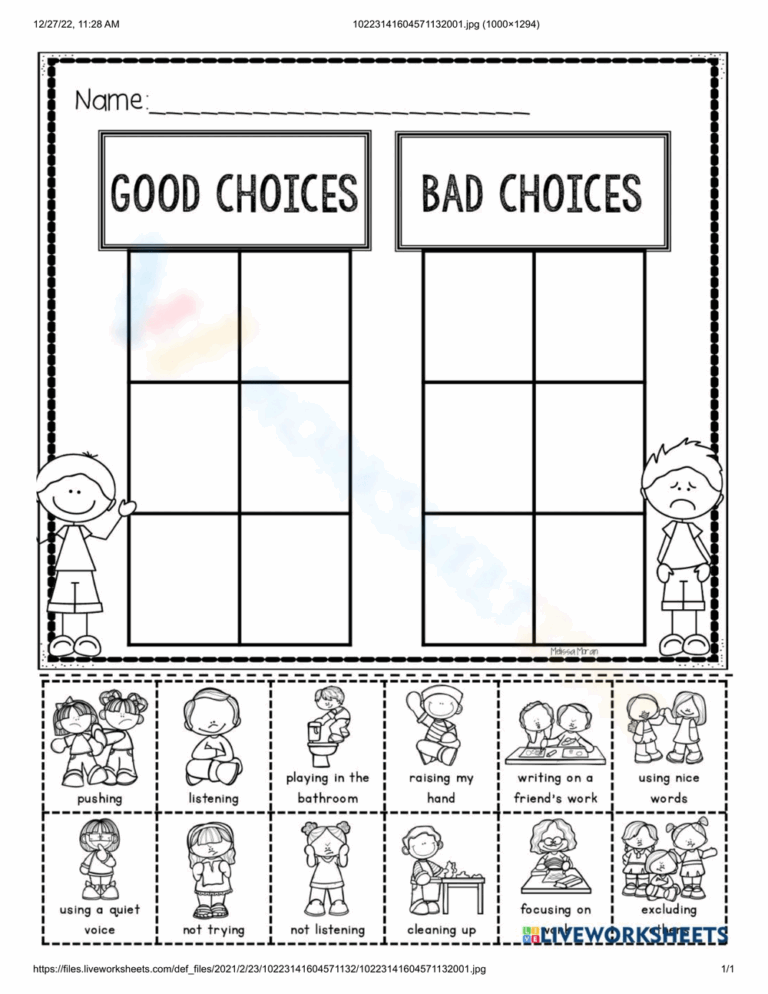 Kindergarten Good Choices Bad Choices Worksheets 2025