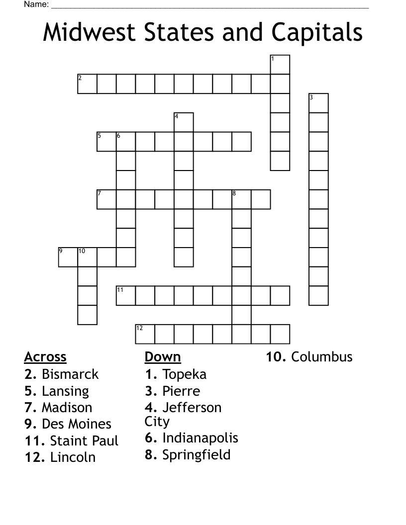 Midwest States And Capitals Crossword WordMint