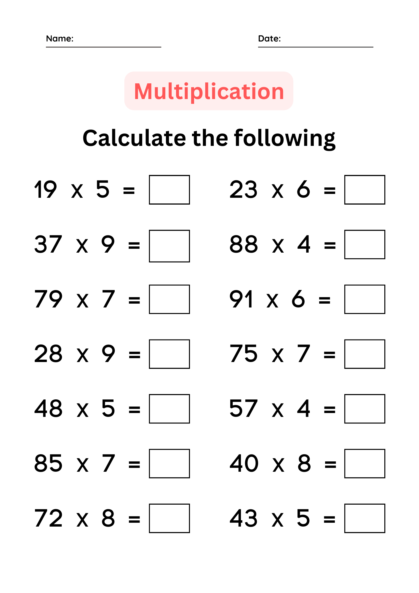 multiplication facts worksheets printable