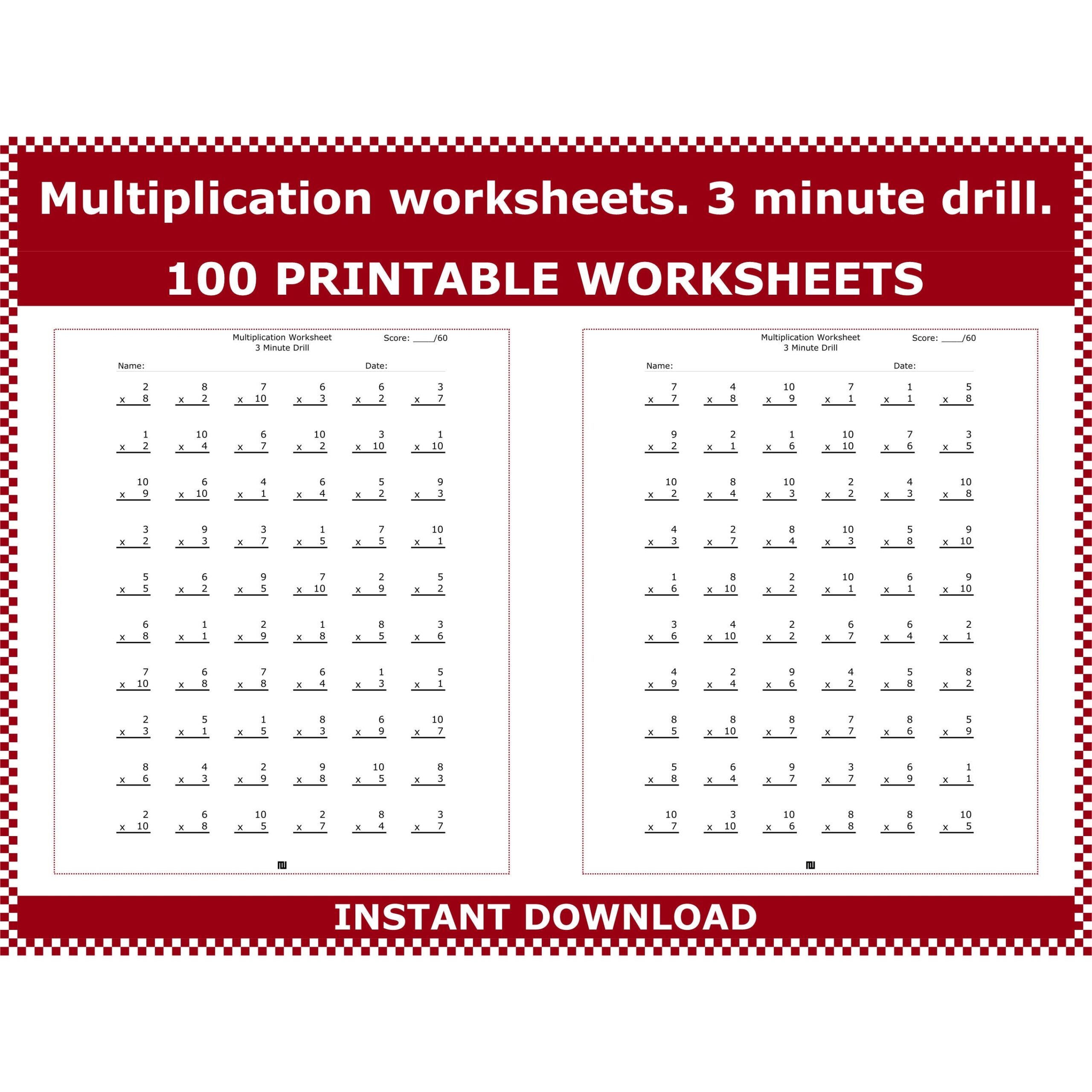 Multiplication Worksheets 3 Minute Multiplication Drills Multiplication Math Drills 3rd 4th Grade Multiplication Facts By Acminimalist Etsy