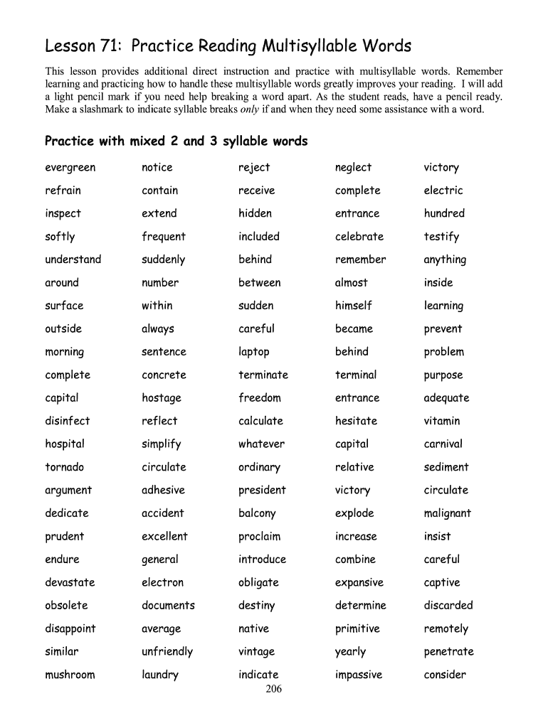 Multisyllabic Word List Pdf Fill Online Printable Fillable Worksheets Library