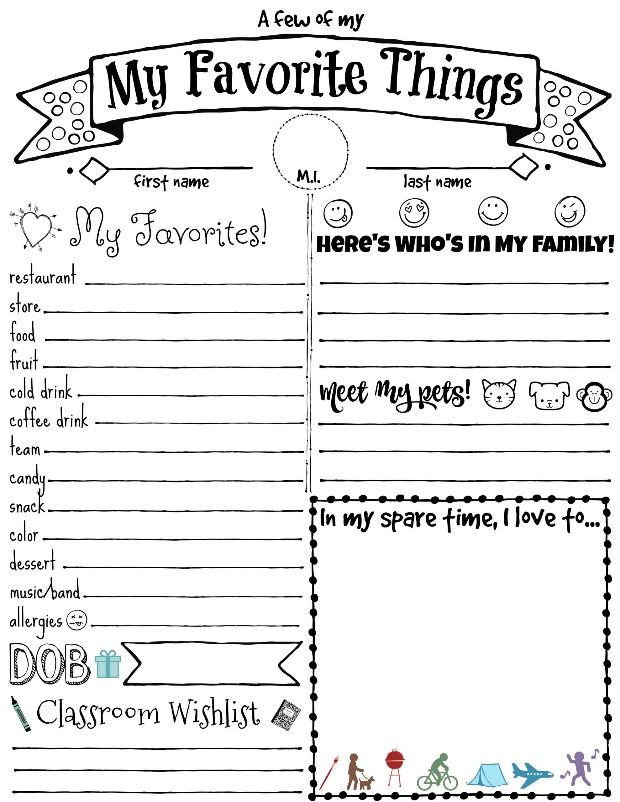free printable my favorite things worksheet