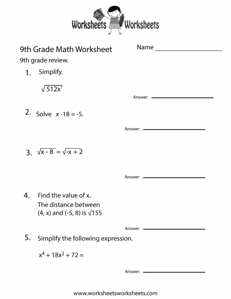 Ninth Grade Math Practice Worksheet Worksheets Worksheets