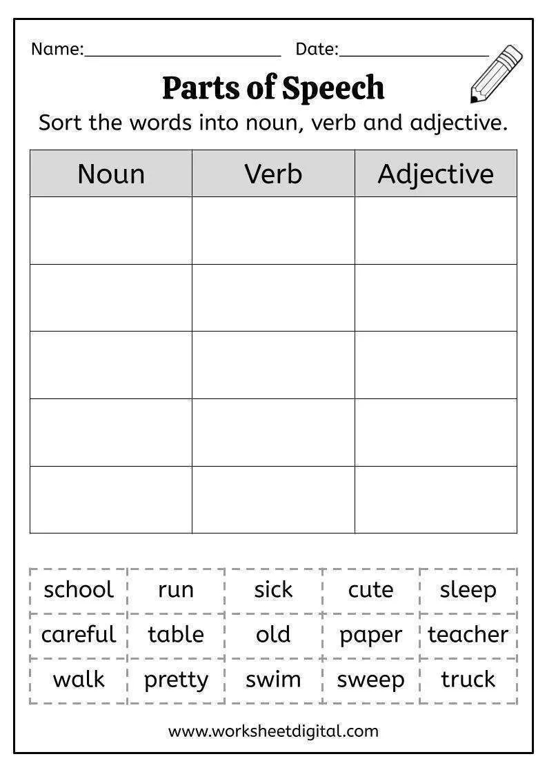 free printable parts of speech worksheets