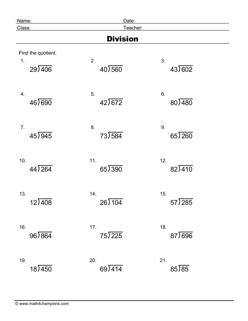 division practice worksheets printable
