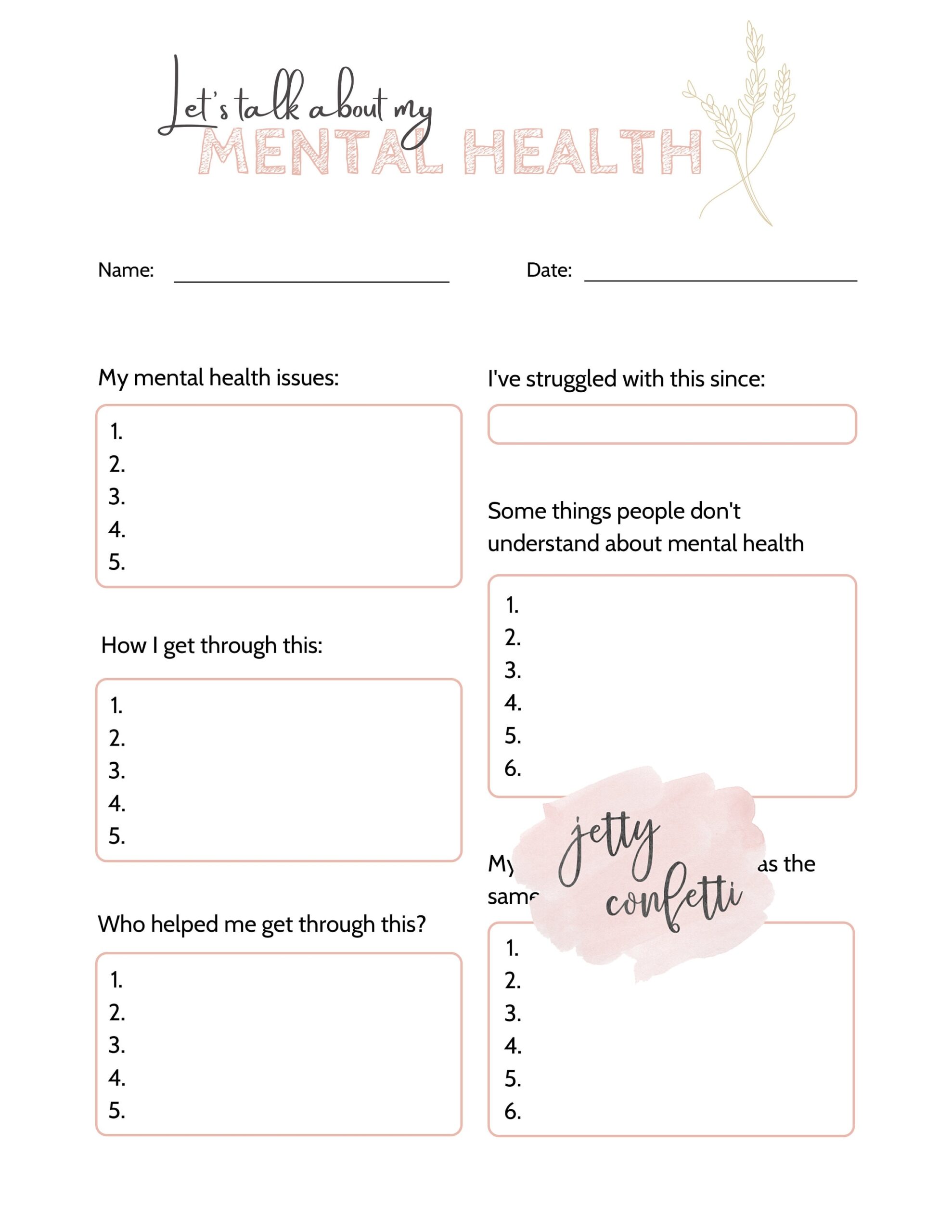 mental health worksheets printable
