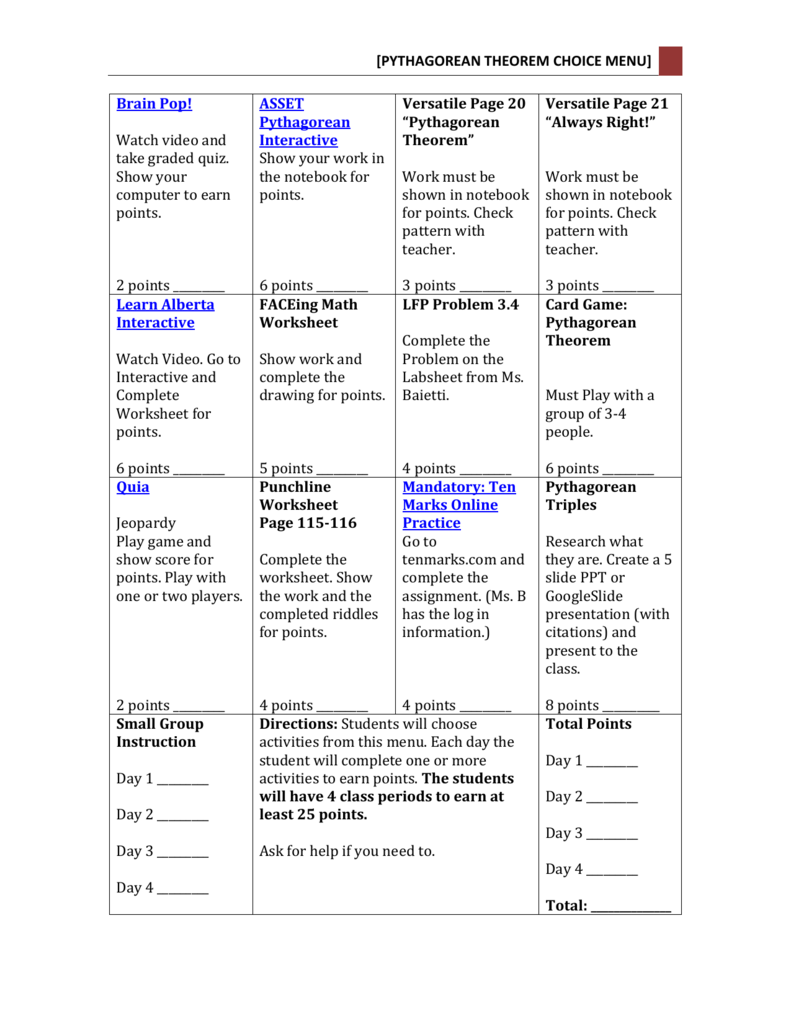 Pythagorean Theorem Choice Menu Worksheets Library
