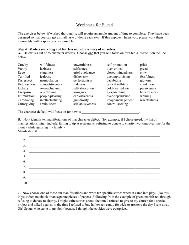 Step 4 Worksheet Moral Inventory Character Defects